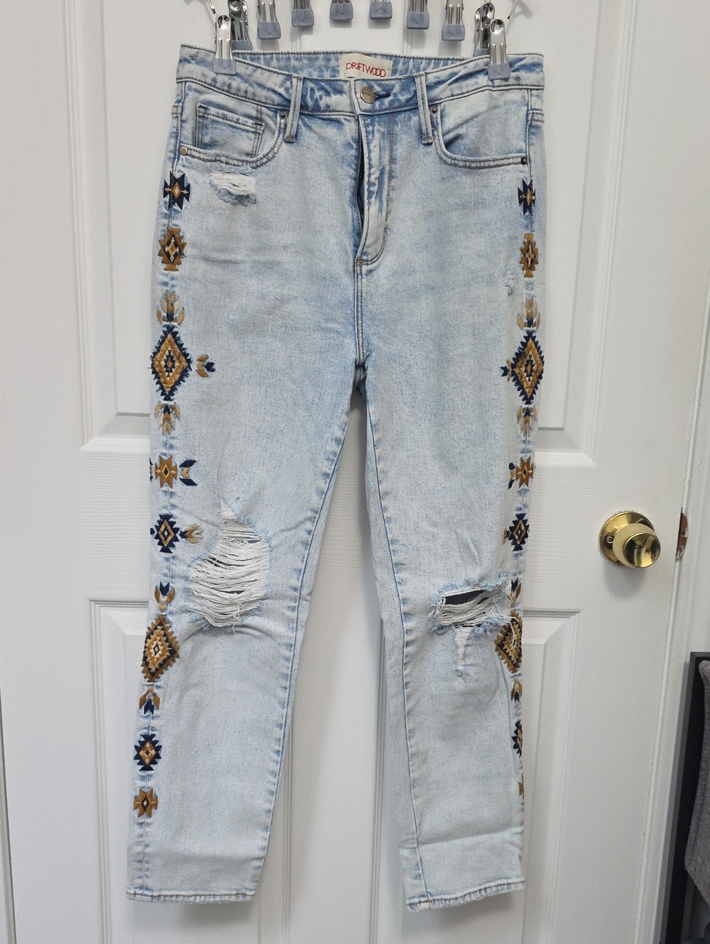 DRIFTWOOD Light Wash Jeans with Navy & Gold Embroidery W28 L27